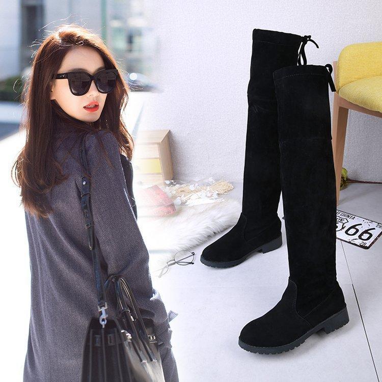 

Round Toe PU Fashion Casual Women Boots Over-the-Knee Riband Solid Long Boots Low Square Heel Slip-On Concise Winter Shoes1, Black