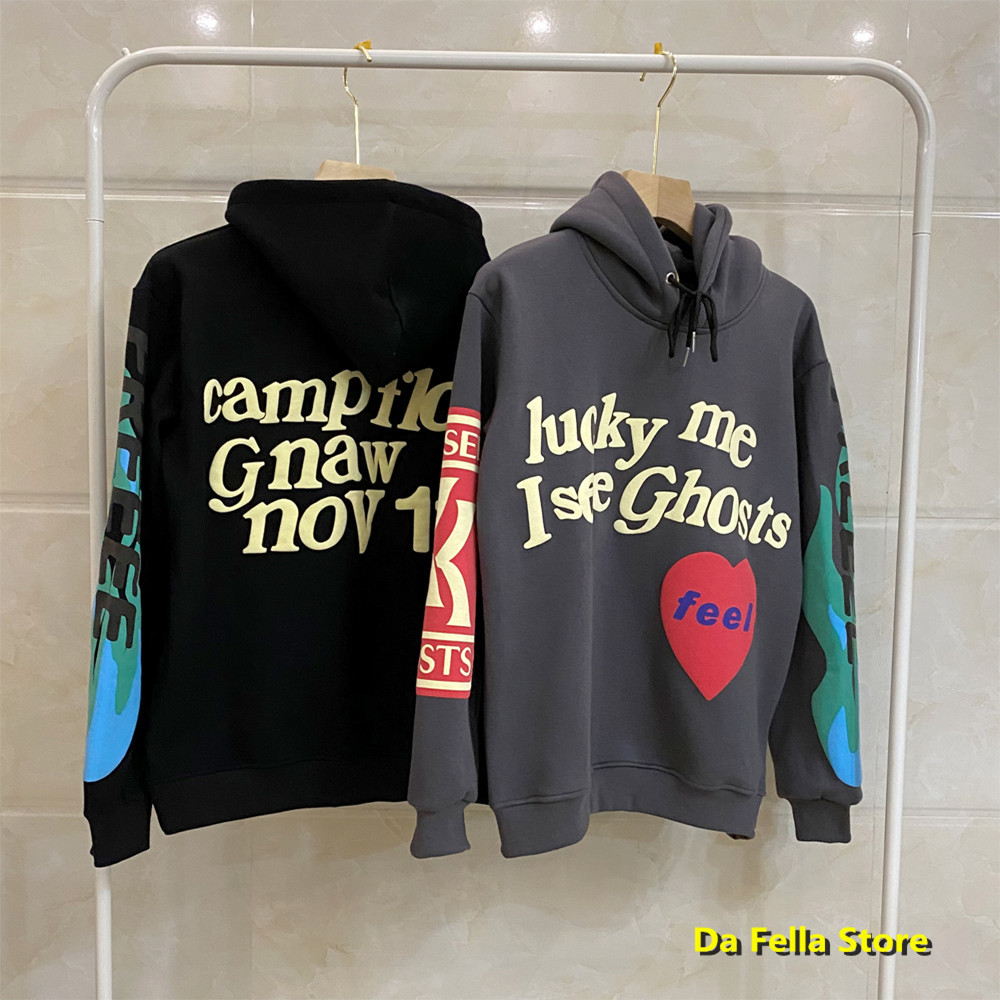 

2020 LUCKY ME I SEE GHOST Hoodie Men Women FEEL Kanye West Kid Cudi Hoodies Kids See Ghost Sweatshirts Foam Print Pullovers C1118, Black