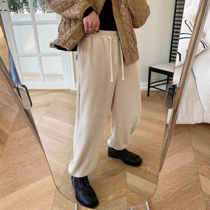 

2020 Autumn And Winter New Youth Popular Loose Solid Color Striped Thickened Drawstring Pants Fashion Casual Drawstring Pants, Black