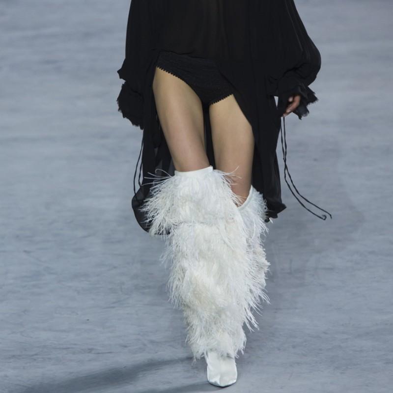 

Boots Brand Runway Women Furry Ostrich Fur Knee High Pointed Toe Heels Suede Leather Shoes Big Size Party Winter Sexy, Black