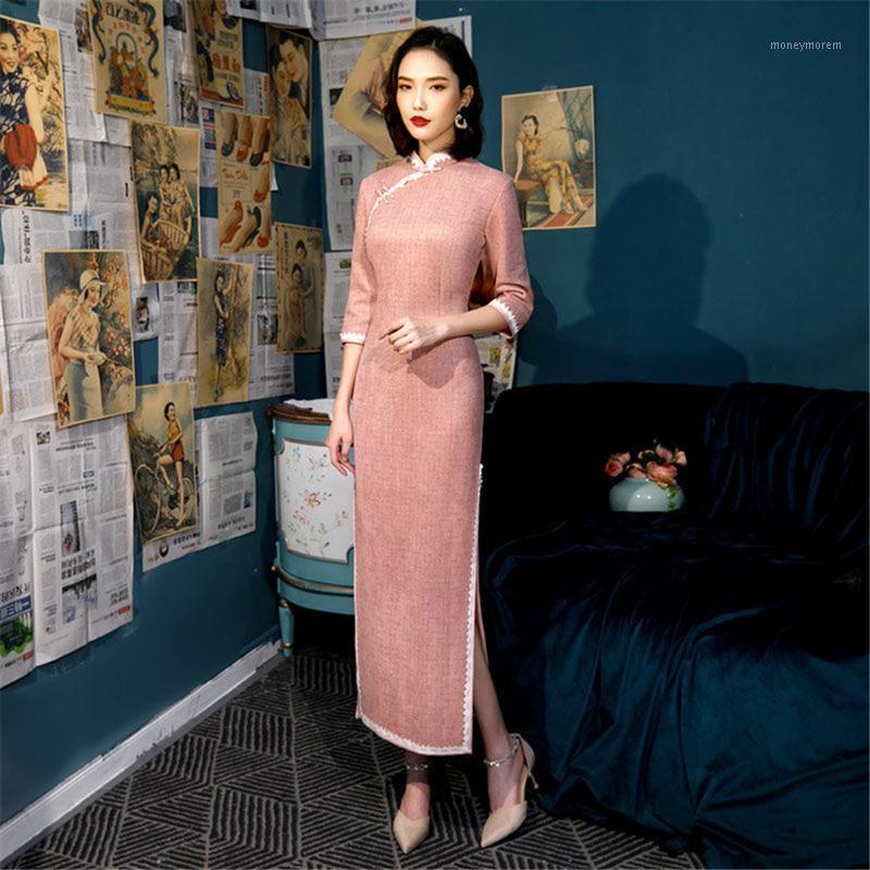 

2020 autumn and winter wear suede slim-fit improved cheongsam new three-quarter sleeves long Chinese style women' dress1, Pink