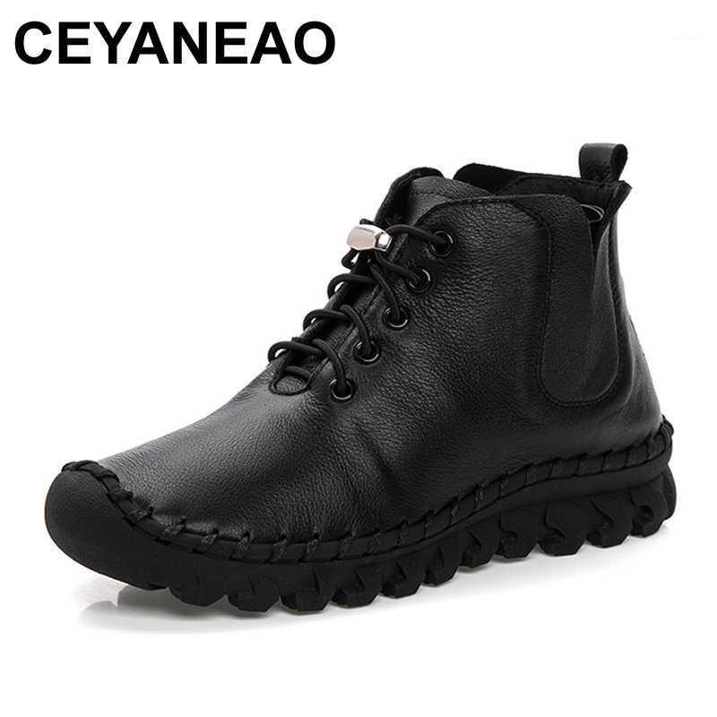 

CEYANEAOFull grain leather boots for women, flat shoes, plush boots for women, casual short winter womenE22031, Black