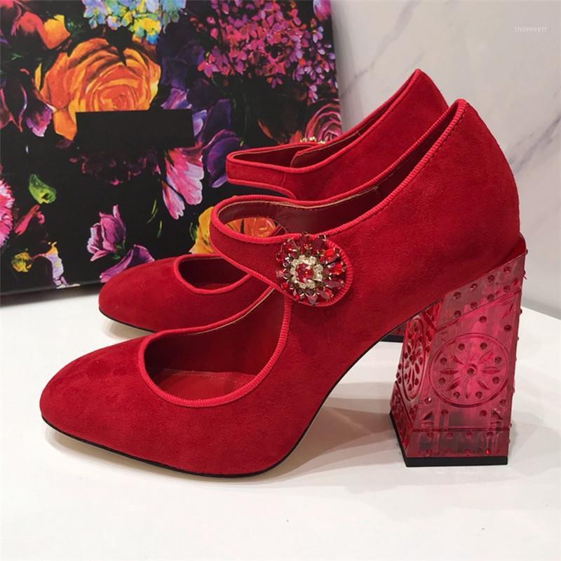 

Luchfive Purple Suede Leather Mary Janes Flower Button Formal Dress Shoes Women Transparent Crystal Heel Shoes1, Black