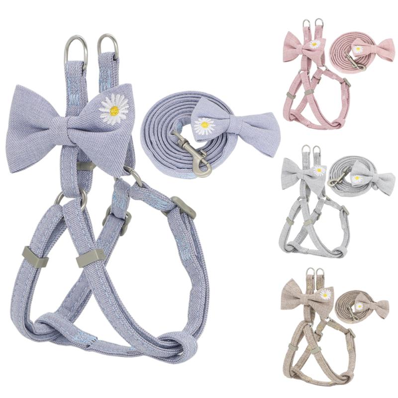 

Dog Harness Leash Set Adjustable Soft Embroidery Cute Bow Double Layer Dog Harness for Small Medium Pets Leashes Walking