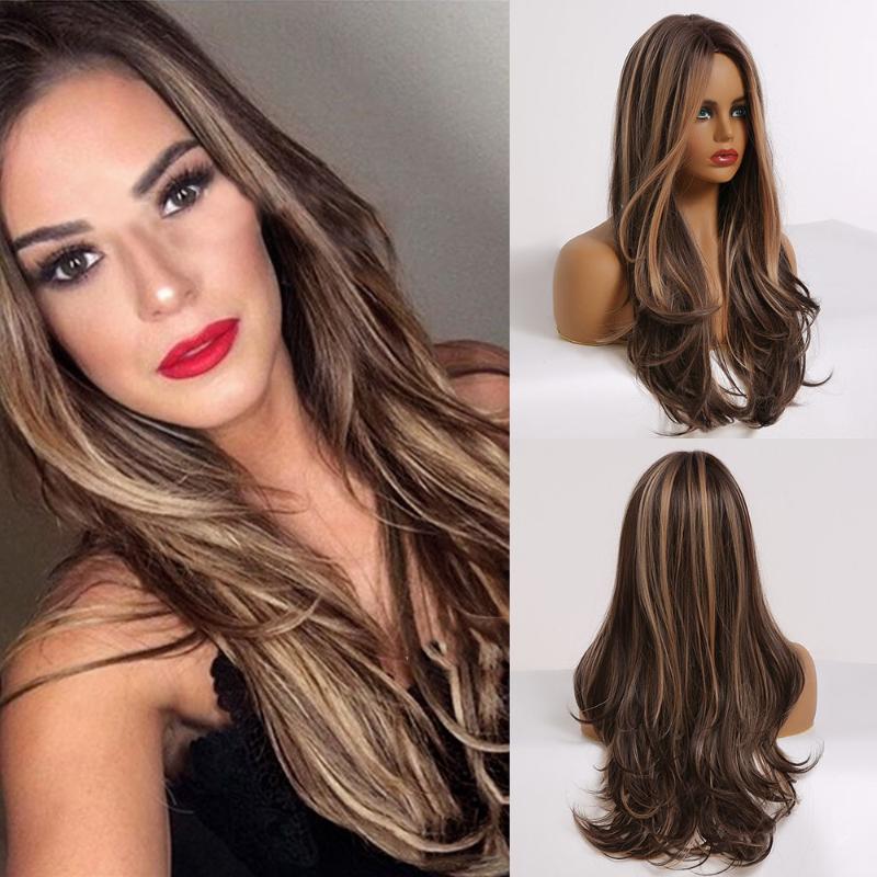 

SiNuo Cosplay Synthetic Wigs for Women Long Dark Brown Gloden Honey Wavy Qerruque with Highlights Heat Resistant Middle Part, Ombre