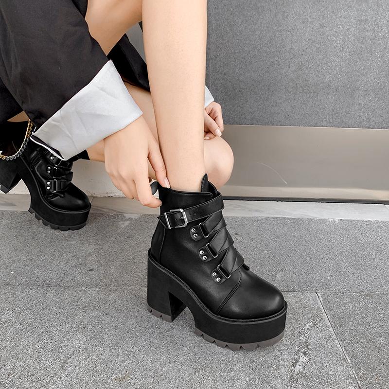 

New Fashion Spring Autumn Platform Ankle Boots Women Thick Heel Platform fur Boots Ladies Worker Black winter LJA933