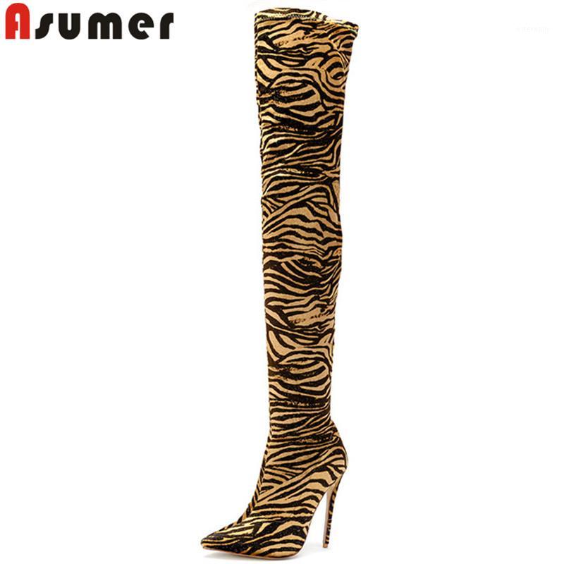 

ASUMER 2020 fashion autumn winter boots pointed toe over the knee boots flock thin high heels classic thigh high1, Brown