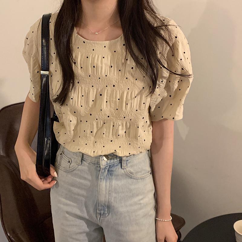 

Polka Dot Print Summer Blouse Women O-Neck Short Sleeve Vintage Loose Shirts Casual Pleated Top Harajuku Slim Elegant 2021 X177, Apricot