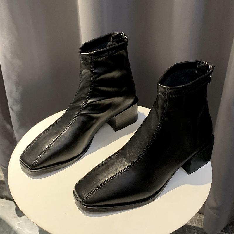 

2020 Winter Boots Women Shoes Woman Ankle Boots High Quality Square Toe Mid Heels Ladies Fashion Zipper Leather, Brown