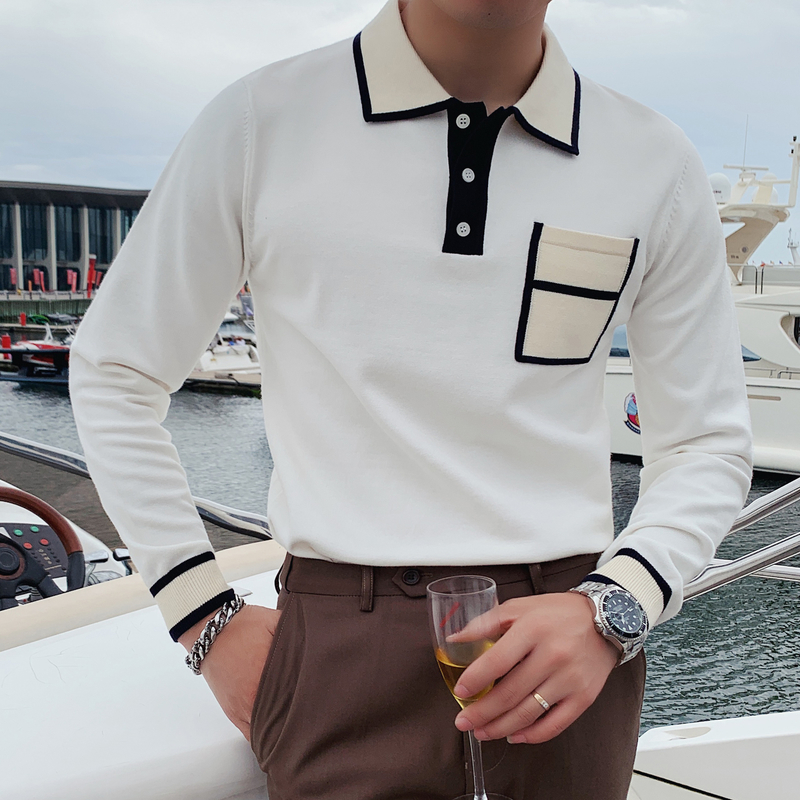 

Autumn Men Contrast Color Lapel Long Sleeve Casual Polo Shirt Blue British Knitted Base Sweater Ropa De Hombre Camisas Black, White;black