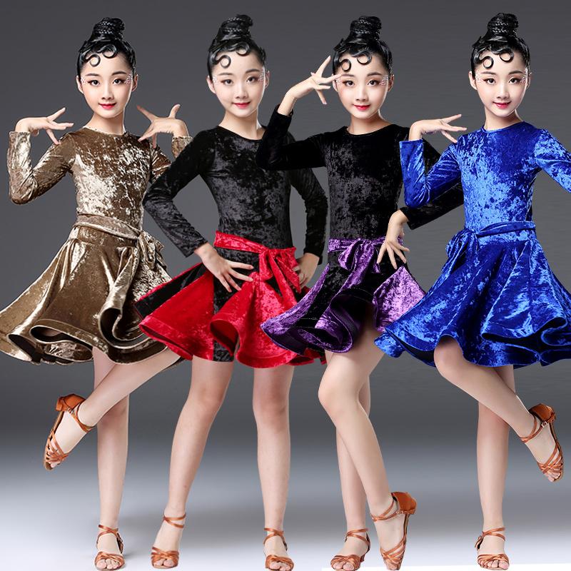 

2020 Girls Latin Dresses for Dancing Ballroom Dance Dress Rumba Samba Velvet Children Samba Cha Cha Tango Skirt Standard Salsa, Black