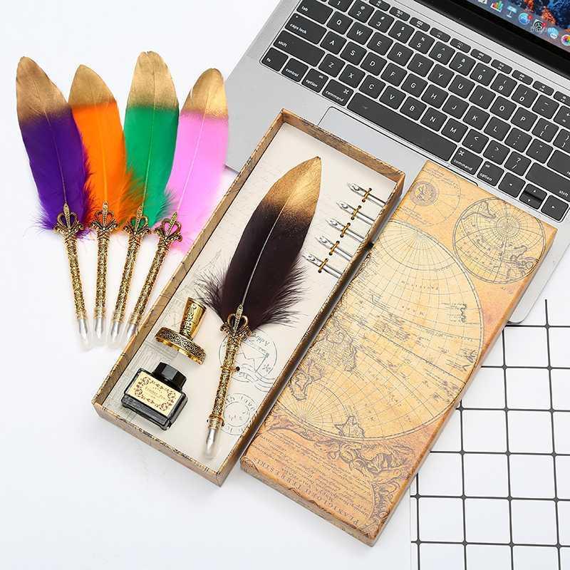 

novel! Natural retro gold spray feather dipped pen set writing ink luxury gift box can be customized LOGO Christmas gift1, Red