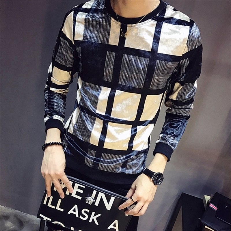 

Autumn Luxury Men Velour T Shirt Lattice Printing T Shirt Homme Club Outfit Men Slim Fit Long Sleeve O Neck Velvet T Shirt 201203