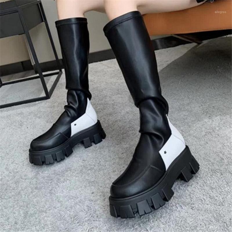 

Women Elastic Sock Boots Thick Sole Platform Shoes Woman Soft Leather Knee High Boot Slim Fit Botas Mujer Autumn Long Boot1, Black