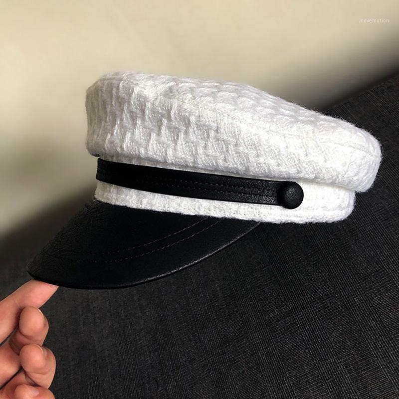 

Newsboy NAVY HAT women's Korean fashion hat autumn and winter warm small head round women's retro small cap brim cap1, White