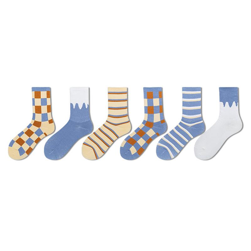 

Stripes and Lattice Women Socks Cotton Harajuku Crew Socks Women 1 Pair, Blue