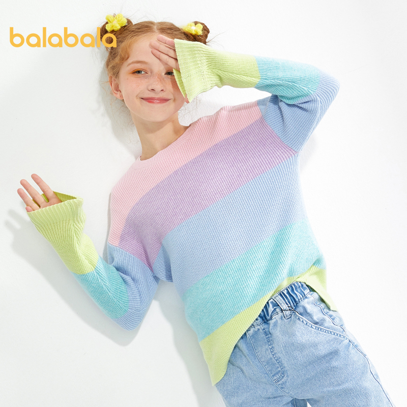 

Balabala Girls sweater children bottoming shirt new spring clothes children clothing big children rainbow striped top 201109, Red