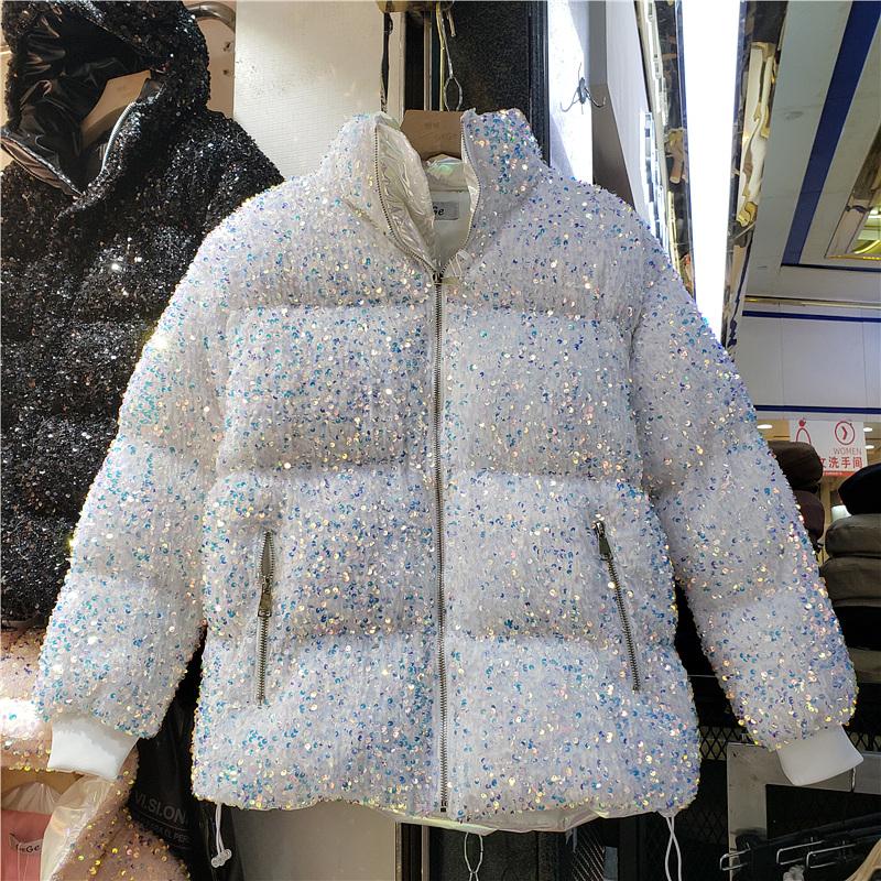 

Fashion Sequins Cotton-padded Jacket Women's 2020 Winter Stand Collar Long Sleevecasual Overcoat Loose Thick Short Bread Coat, Black