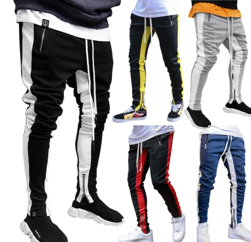

Hip Hop Fitness Men Pants Streetwear Leg Zipper Side Stripe Pocket Sweatpants New Ankle Length Male jogging, Blue wstripe