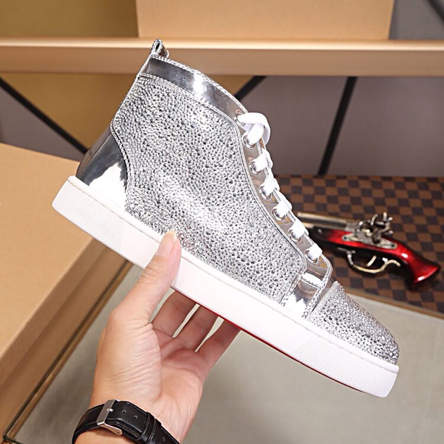 

Mens Women Platform Shoes Silver Sparkling Diamond Spikes High Top Mid Black Red White Designer Sneakers Genuine Leather Casual Shoes, Shown
