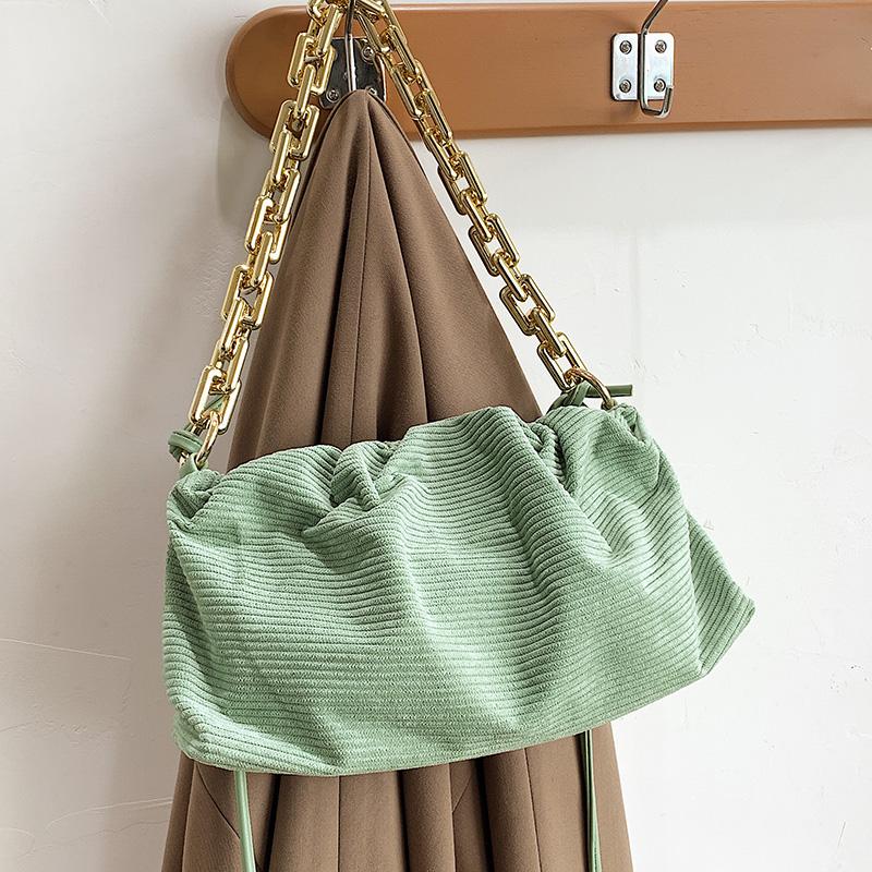 

Women Thick Gold Chains Hobos Bags Corduroy Cloud Shoulder Crossbody Pack Pleated Baguette Pouch Totes Handbag sac de luxe femme, Black