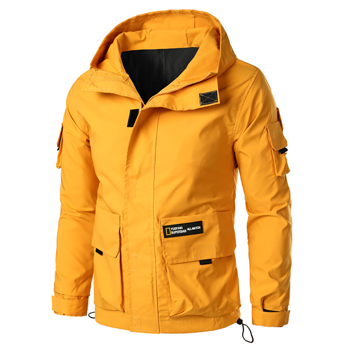 

Pocket Cargo Jackets Men Autumn Hooded Zipper Jackets Coat Windbreaker Outdoor Overcoats Male Hoodies Sportswear, Yellow