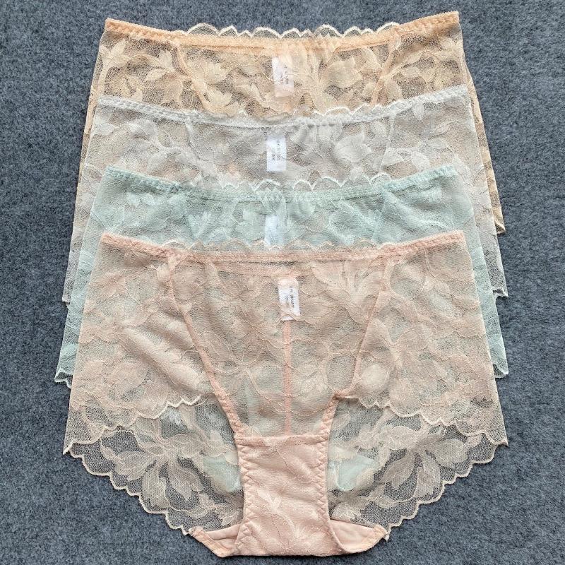 

Sexy Lace Underwear Middle Waist Mesh Floral Lingerie Transparent Underpants Female Seamless Briefs Plus Size Women Panties, White
