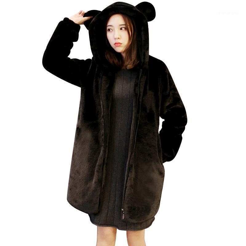 

2020 New Autumn Winter Women' Faux Rex Fur Coat Female Long Section Bear Ears Furry Coat Students Slim Thickening Jacket1, Black