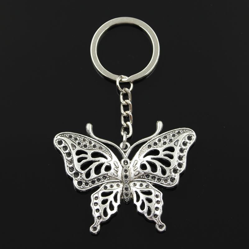 

Fashion 30mm Key Ring Metal Key Chain Keychain Jewelry Antique Bronze Silver Color Plated Hollow Butterfly 60x48mm Pendant