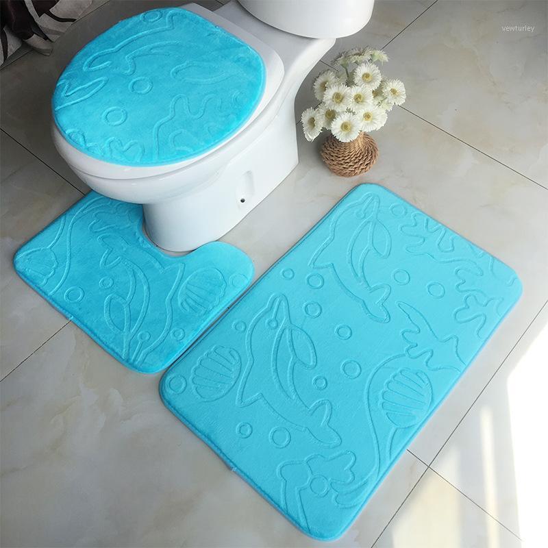 

3D Embossed Bathroom Bath Mat Set Toilet Carpet Set Flannel Non-Slip Rug Toilet Lid Cover Shower Room Rug Floor Mats WF1061, Blue