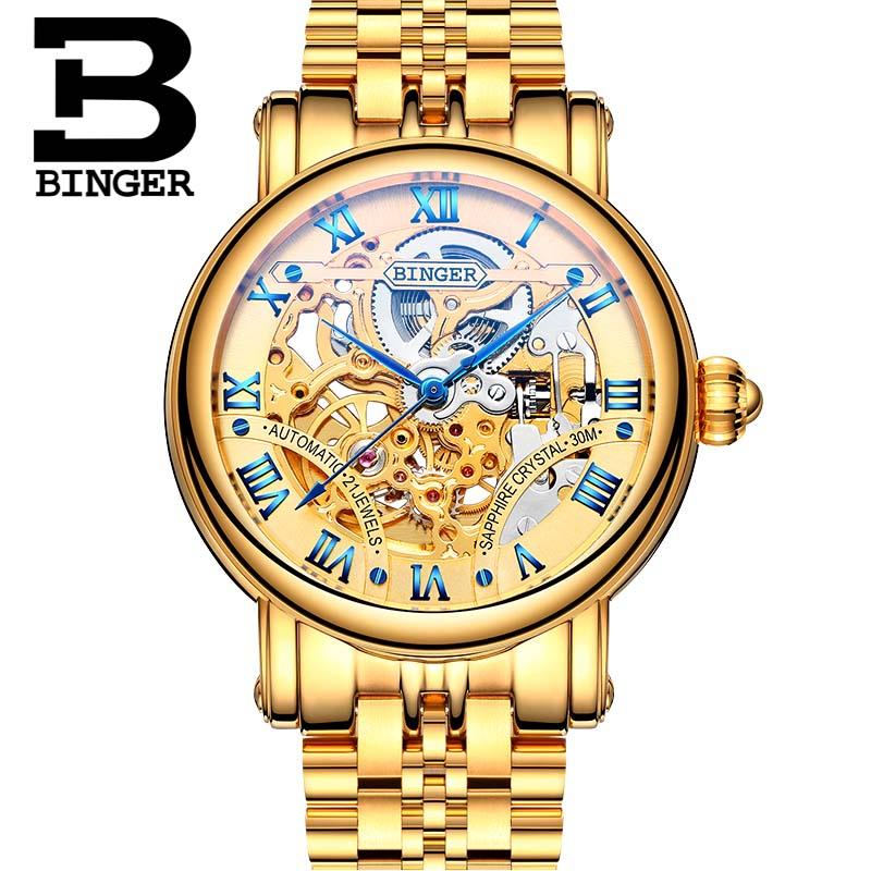 

BINGER New Number Sport Design Bezel Golden Watch Mens Watches Top Montre Homme Clock Men Automatic Skeleton Watch, Steel black gold