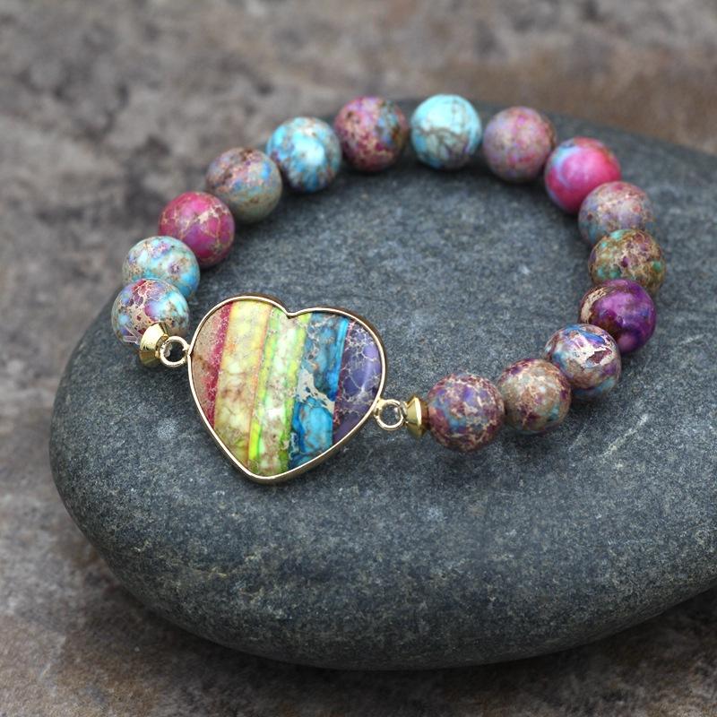 

Vintage Bohemian 10mm Natural Stone Bead Heart Lovers Bracelet Handmade Beaded Yoga Elastic Bracelet Fashion Jewelry Good Friend