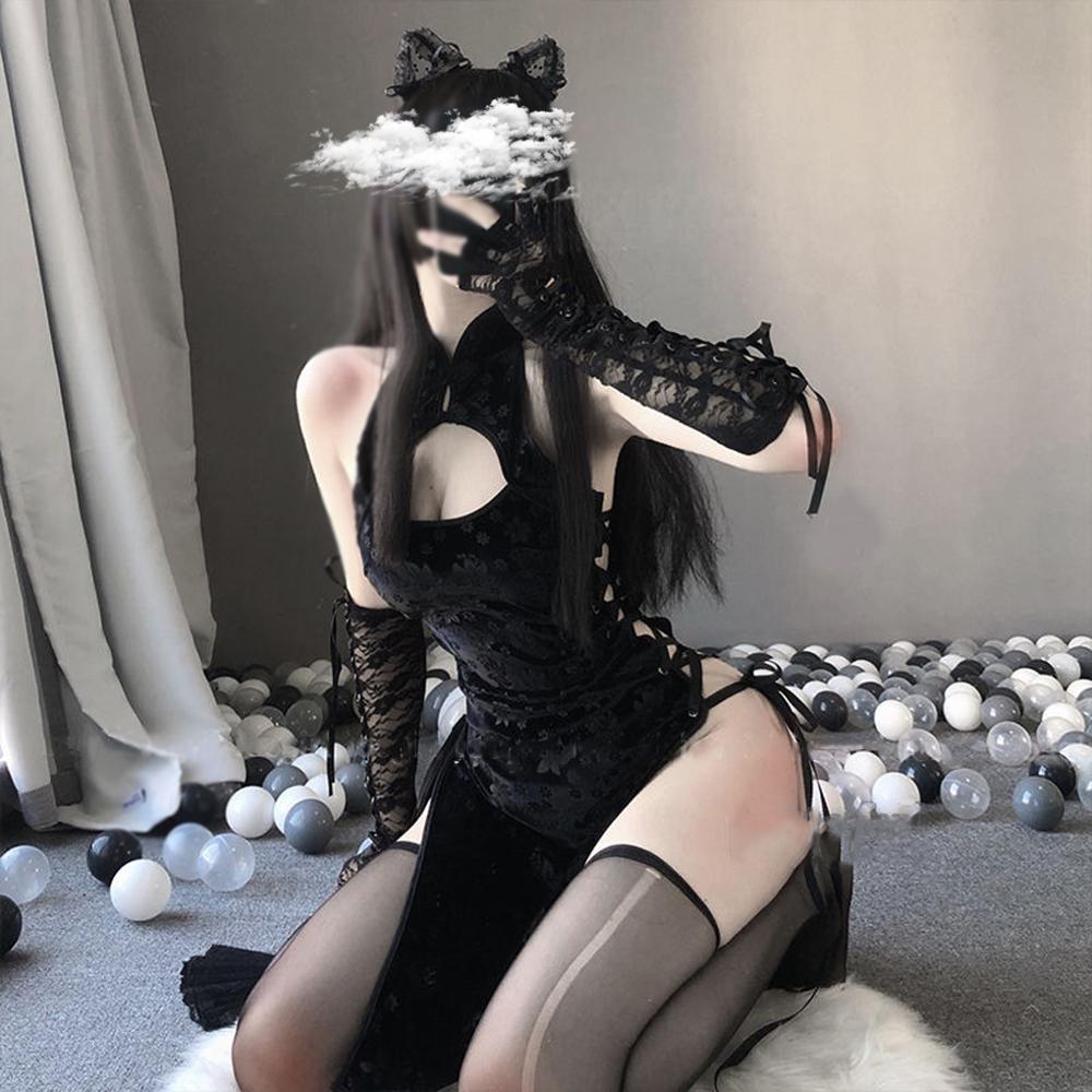 

Mulheres cosplay traje sexy ertico lingeries club wear empregada domstica uniforme preto branco qipao cheongsam vestido, Red