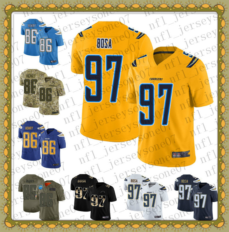 

2020 Custom Mens women youth new los angeles chargers 86 Hunter Henry 97 Joey Bosa blue Football 100th Season Vapor Limited Jersey, Black