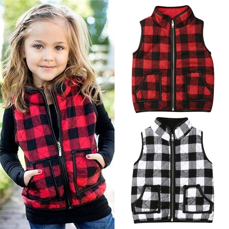 

Emmababy Free Shipping New Girls Kids Plaid Fall Sweatshirt Outfits Zipper Jacket Waistcoat Coat Outwear 201106