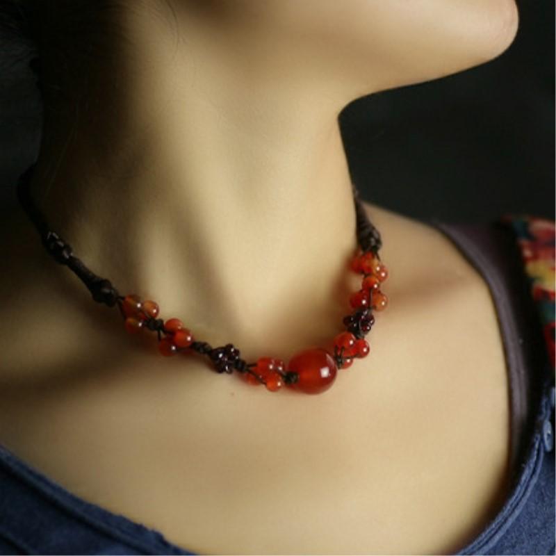 

Elegant 2 Colors Red A gate or Red Coral Beads Chinese Silk String Necklace Bohemian Style Handmade Original Ethnic Jewelry