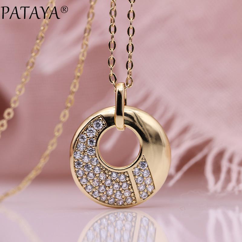 

Pendant Necklaces PATAYA Round Hollow Pendants 585 Rose Gold White Natural Zircon Long Women Romantic Wedding Fine Fashion Jewelry