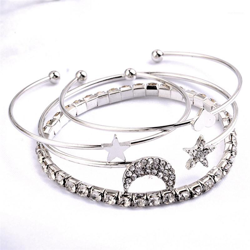 

Crystal Star Moon Bangle Set MultiLayer Love Heart Charm Gold Color Open Cuff Bangles Adjustable Jewelry For Women1
