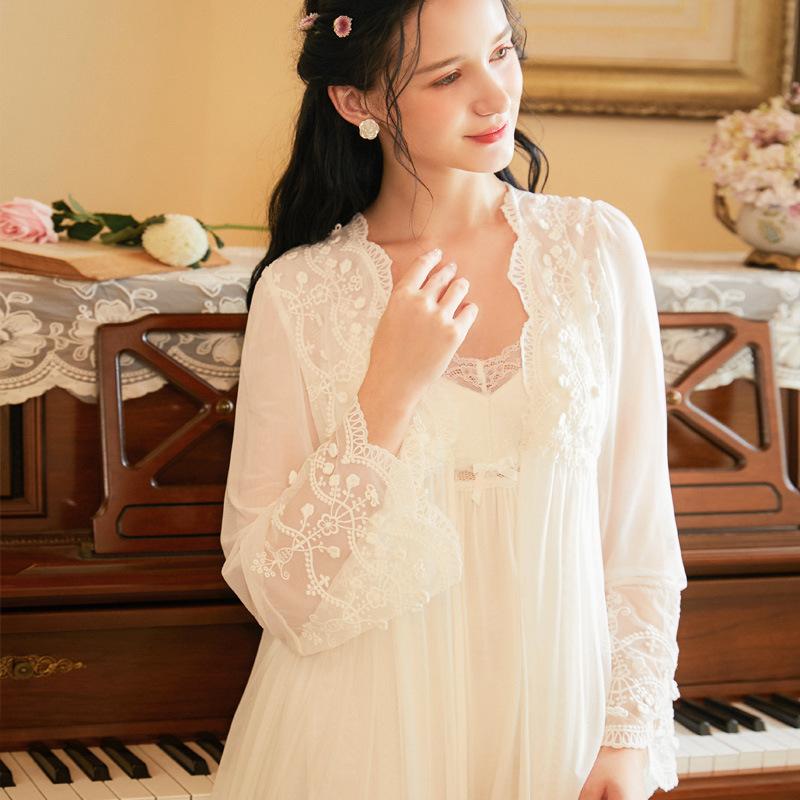 

2 Pcs Bathrobe White Nightgown Sleepwear Lady Spring Autumn Long Sleeve Nightdress Loose Women Princess Nightgowns Comfortable