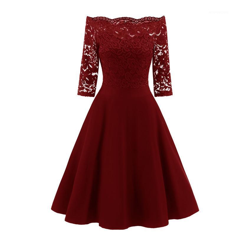 

Vintage Floral formal dress women Lace Patchwork Big Swing Off Shoulder Dress Women High Waist Elegant Female Fit and Flare Dres1, Blue