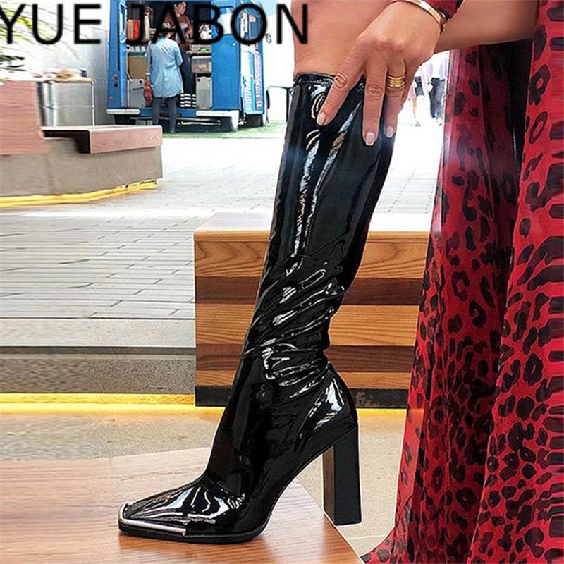 

Metal Decor Square Toe Women Long Boots Elastic Patent Leather Knee High Boot 9CM Chunky High Heel Botas Mujer, As picture