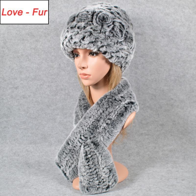 

Russia 2 Pieces Sets Knit Real Rex Fur Hat Scarf Lady Rex Fur Cap Scarves Natural Ring Shawl Hats1, Grey 2