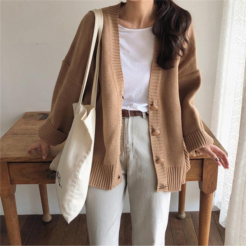 

New Brown Oversize Women's Sweaters Autumn Winter Vintage V Neck Cardigans Single Breasted Puff Sleeve Loose Cardigan women warm, Khaki