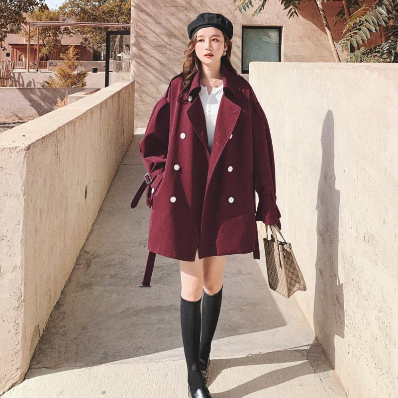 

New Women Waist-tight High Waist Coat Trench Turn-down Collar Belt Spring/Autumn Double Breasted Oversized Short Style Outwears, Blue