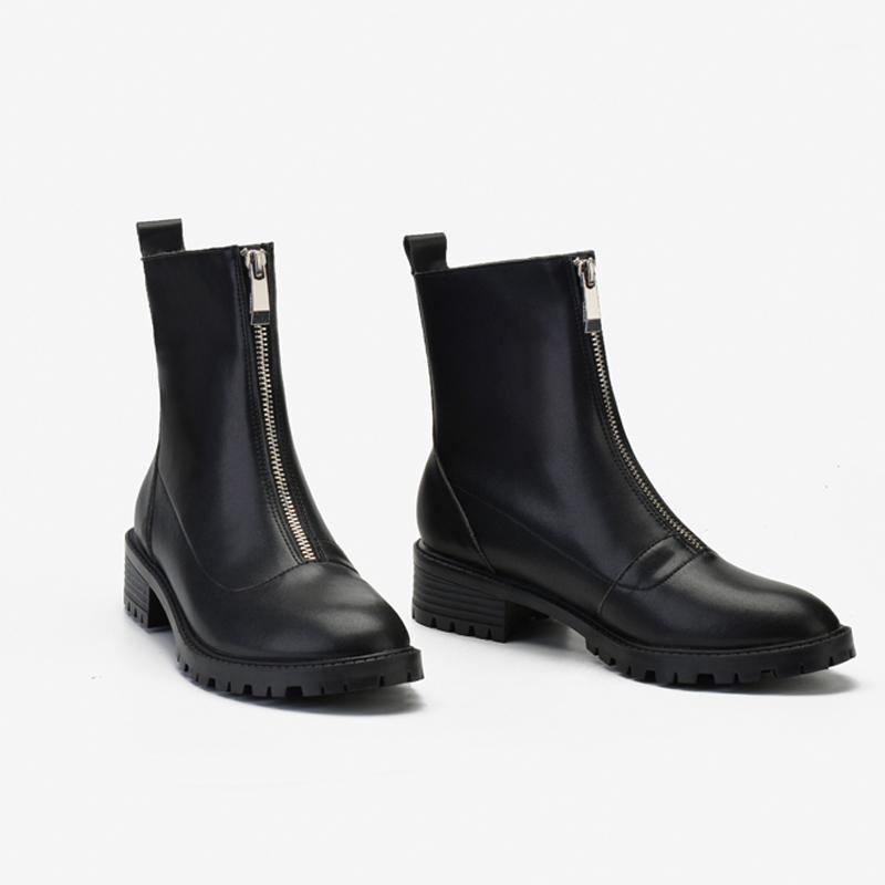 

Brand Zipper Boots Woman Mid-Calf Winter Booties Solid PU Leather Chunky Heel Motorcycle Botas Mujer Thicken Soled Shoes1, Black