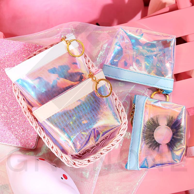 

Wholesale Fashion Eyelash Packaging PU Laser Soft Eyelash Bag With Tray Holographic Transparent Jelly Coin Purse Zipper Bag