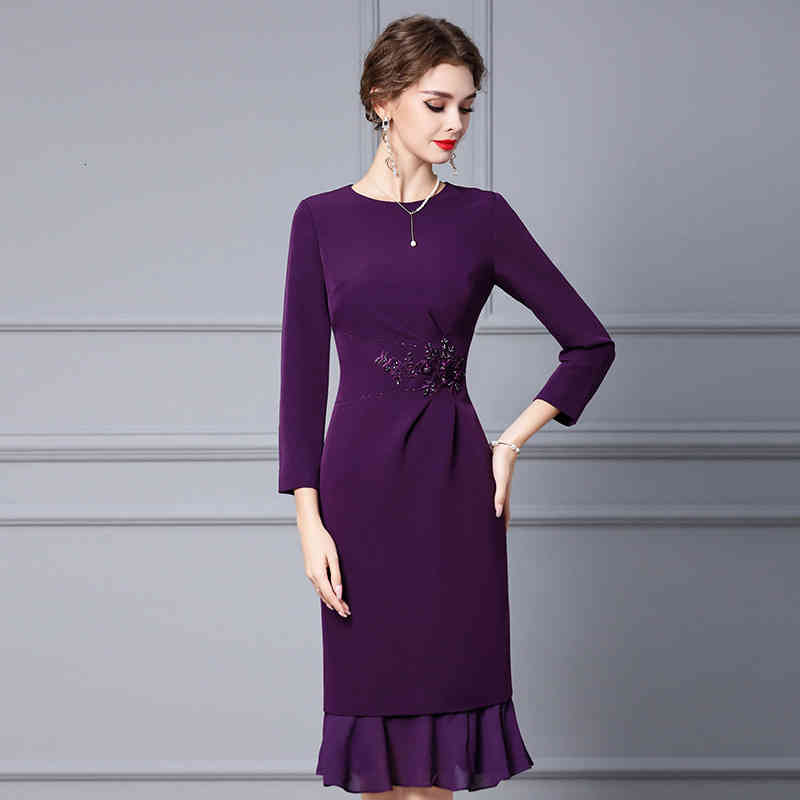 

Casual Dresses Zhili purple dress female autumn winter elegant temperament embroidered Handmade Beaded ruffled fishtail skirt 89Y1