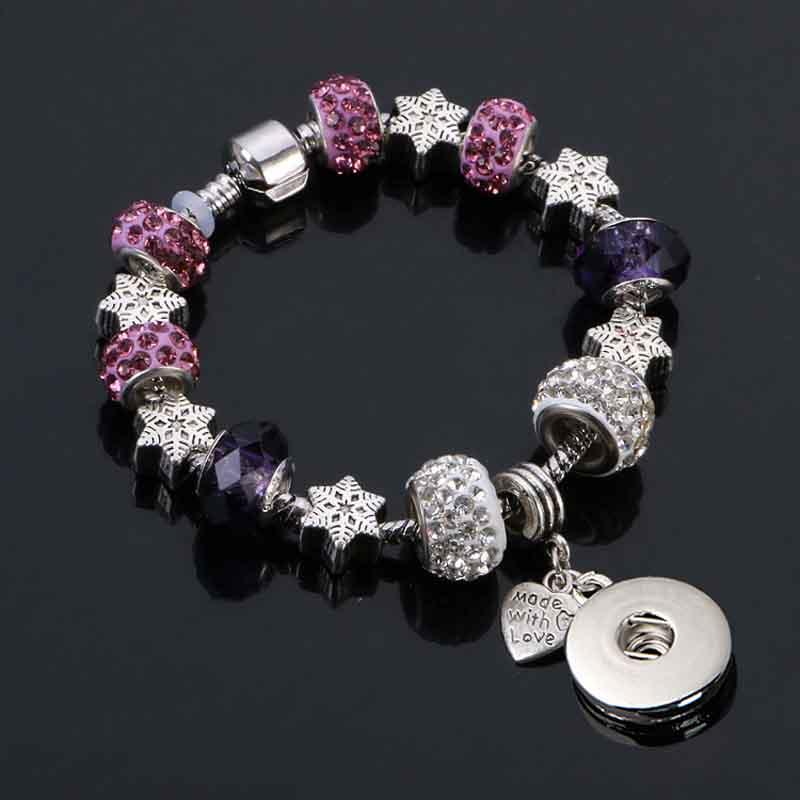 

Fashion Snowflak Strand Crystal Bead Glass Link Bracelet 183 18mm Snap Button Charm Bangle Jewelry For Women Teenagers Gift 20cm