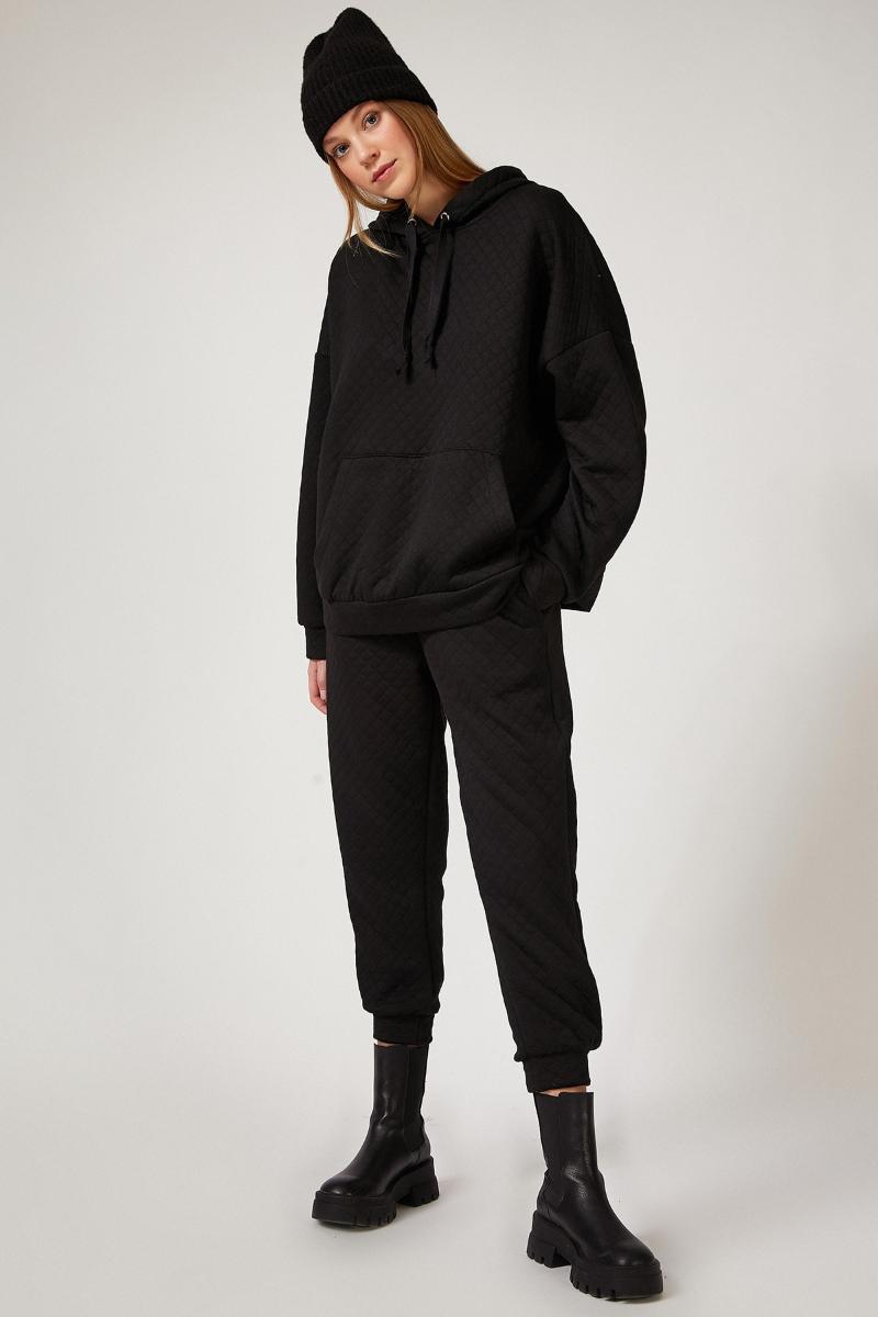 

Happiness ist. Women's Quilted Textured Hooded Tracksuit Set FN02498, Black