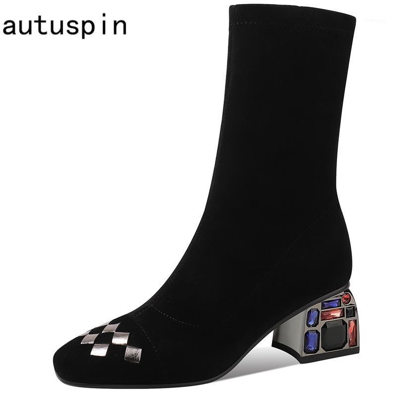 

autuspin Elegant Genuine Leather Women Mid Calf Boots 2021 Winter Female Warm Plush High Heels Botas Party Wedding Crystal Shoes1, Black